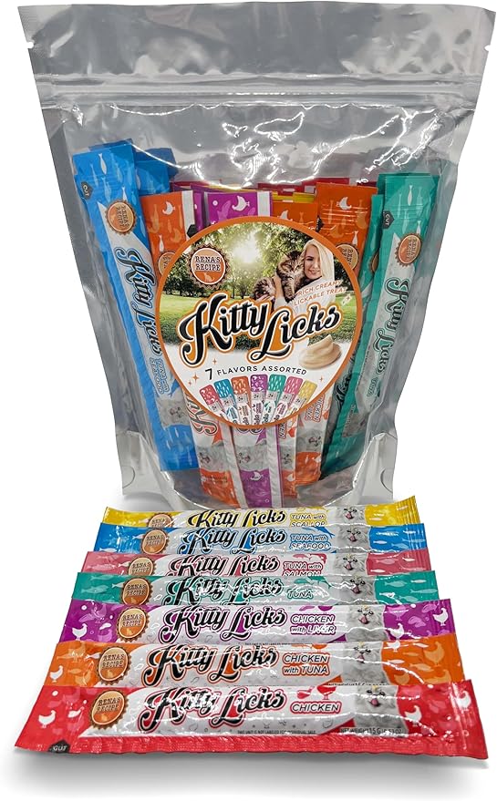 Rena's Recipe Kitty Licks Lickable Cat Treats Variety Pack 28 Tubes Creamy Cat Treat Purée 7 Flavors Tuna Chicken Grain Free Cat Squeeze Treats