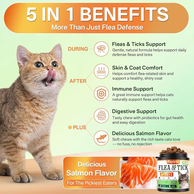 Puyrzoe 4-in-1 Flea Treatment for Cats Chewable, Natural Cat Flea and Tick Prevention Chewable Supplement for Skin & Coat | Immunity Support | Digestive | Flea & Tick Treatment for All Breeds & Sizes