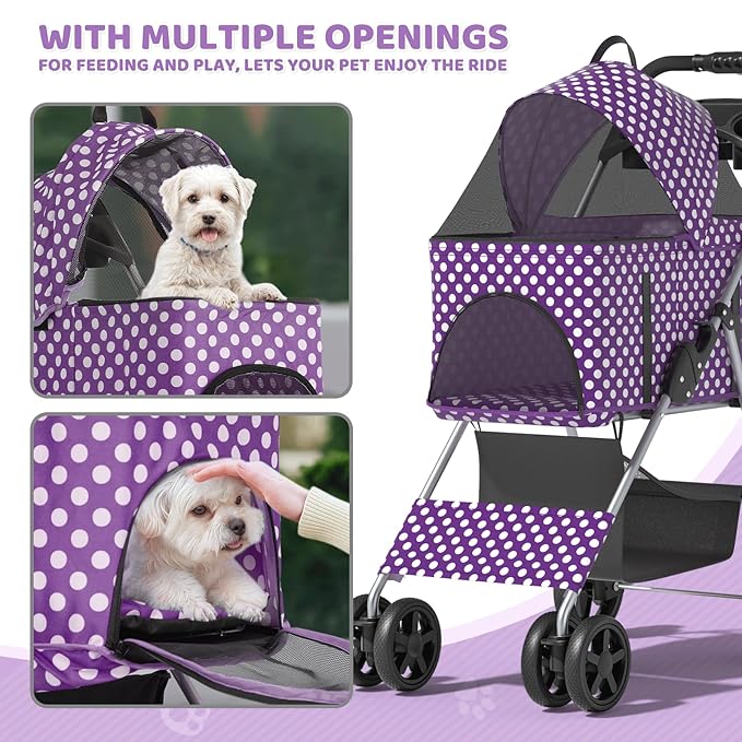 Magshion Foldable Pet Stroller, 3-in-1 Dog Travel Jogger with Detachable Carrier, Cup Holder, Storage Basket, Folding Carrier for Small/Medium Dogs & Cats Up to 33 lbs, Purple Polka Dots