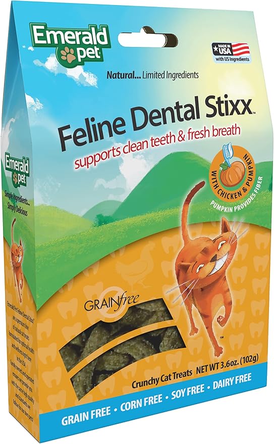 Emerald Pet Grain-Free Chicken Cat Dental Treats – Crunchy Dental Sticks for Cats to Clean Teeth, Reduce Plaque & Tartar, Freshen Breath – Pumpkin for Digestive Health, Natural Cat Chews, 3.6 oz