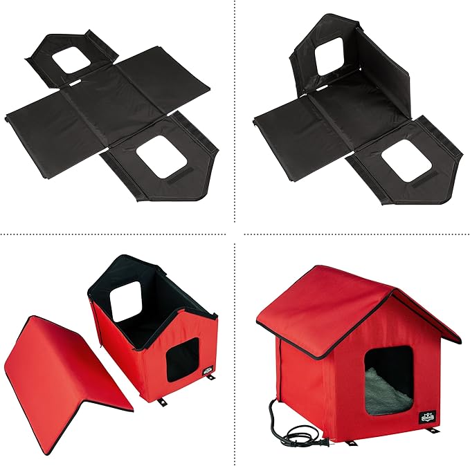 Heated Cat House - Double-Door Cat Bed with Zippered Roof, Pet Heating Pad, and Sherpa Cover - for Garage, Porch, Barn, or Basement by PETMAKER (Red)