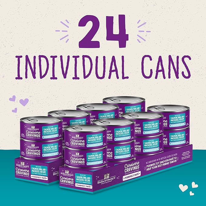Stella & Chewy's Carnivore Cravings Purrfect Paté - Premium Grain-Free Wet Cat Food - Salmon, Tuna & Mackerel Recipe - High Protein with Bone Broth - Perfect for Picky Eaters - 2.8oz Cans (24 Pack)