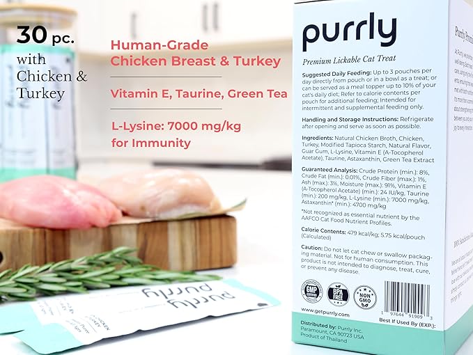 Purrly Interactive Lickable Cat Treats Low Calorie Human-Grade Chicken Breast & Turkey with L-Lysine & Astaxanthin for Immunity (30 Count) Hydrating BPA-Free Grain-Free Non-GMO All Ages Low-Phosphorus