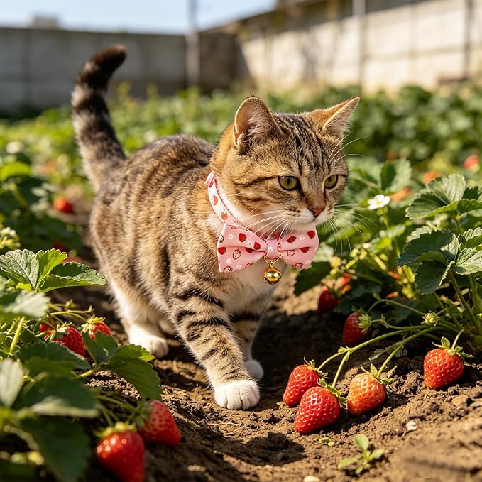 2 Pack Cute Cat Collar with Bow Tie & Bell, Adjustable Strawberry/Daisy Print Kitten Collars with Safety Breakaway Buckle for Cats & Small Dogs(Bee+Staw)