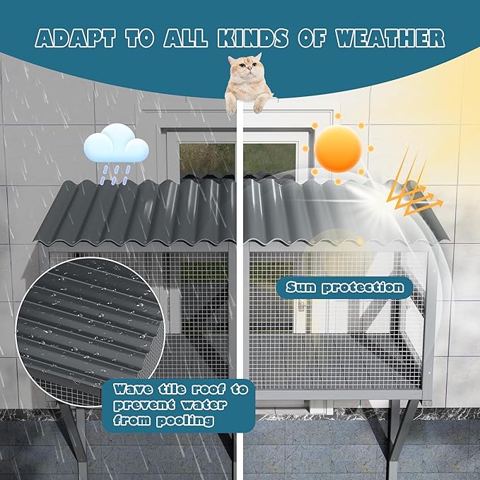 Cat Catio, Cat Window Box for Multiple Indoor Cats, Catio Pet Perch with Metal Mesh Locking Side Door, Wooden Enclosure Window All Weather Use 360° Enjoying Outdoors (Gray, Large)