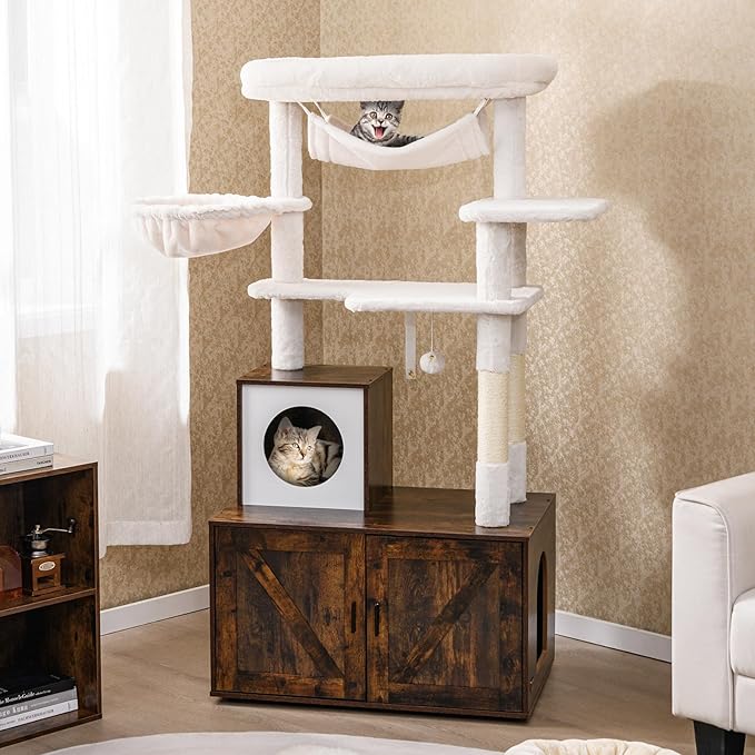 Tangkula Cat Tree with Litter Box Enclosure, Industrial Hidden Litter Box with Cat Tower, Sisal Scratching Posts, Hammock, Hanging Toy and Basket Bed, Condo, Wooden Cat Washroom for Indoor Cats