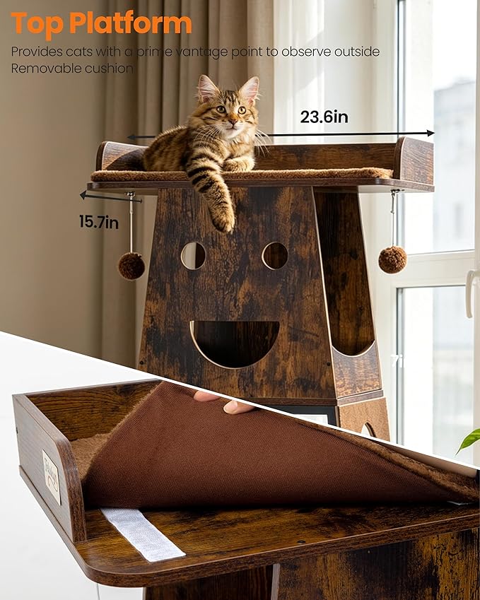 Modern Wood Cat Tree for Indoor Cats, 56 Inch Tall Cat Tower with Hammock, Multi-Level Trees with Perch Bed, 2 Hammock, Cat Condo, Scratching Board, Removable Pad, Cat Furniture, Rustic Brown