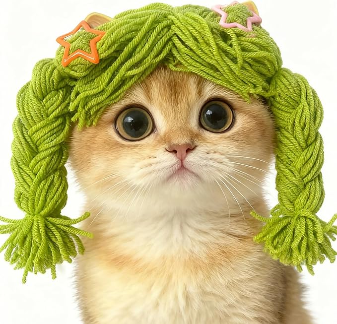 Cat Wig for Small Dogs & Pets, Cute Braided Yarn Costume, Funny Birthday Outfit Clothes, Soft Lightweight Accessory for Photos, Party Props and Daily Wear (Green)