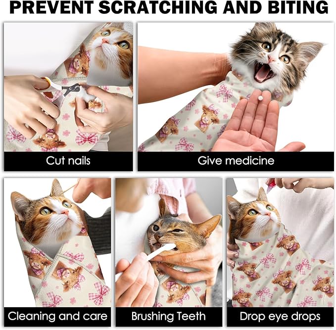 27.6"Cat Grooming Wrap, Self Adhesive Cat Wrap for Cutting Nail, Anti-Escape Calming Cat Swaddle Wrap for Medicine Ear Cleaning, Cow Anti-Scratch Cats Burrito Restraint Blanket, Pet Tool (6-10 lbs)