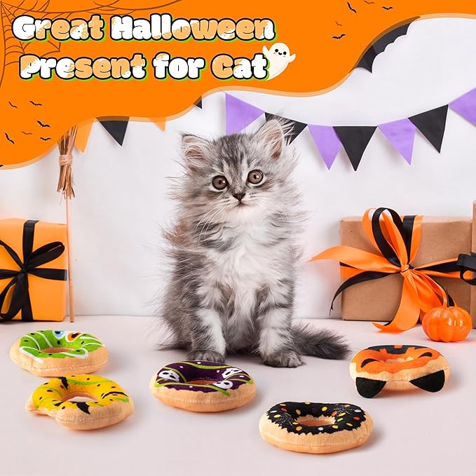 L1rabe Summer Catnip Cat Toys - 5Pcs Pet Days Donut Catnip Stuffed Kittens Supplies, Funny Pumpkin Bat Spider Dessert Pet Toys, Fun Cats Chew Bite Teething Tool Catmint Birthday Interactive Supplies