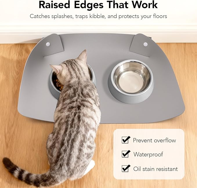 Cat & Dog Pet Feeding Mat,Pet Food Mats for Floor Waterproof,Protects Floors from Spills, Cat Bowl Mats for Food and Water,Light Gray