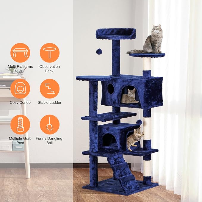 52” Multi-Level Cat Tree Condo Furniture Kitten Activity Play House Bed Pet Kitty Climbing Tower with Scratching Posts/Plush Perch/Scratcher Ladder/Tunnel for Cats,Kittens,Pets (Blue)