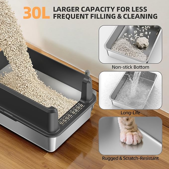 WoofiGo Enclosed Stainless Steel Cat Litter Box with Lid, XL Extra Large Litter Box for Big Cats, Metal Litter Pan High Sided, Never Absorbs Odors, Anti-Urine Leakage, Include Scoop (65-Darkgray)