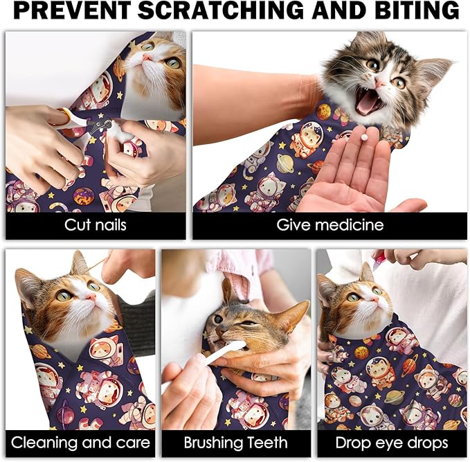 27.6"Cat Grooming Wrap, Self Adhesive Cat Wrap for Cutting Nails, Anti-Escape Calming Cat Swaddle Wrap for Medicine Ear Cleaning, Anti-Scratch Cats Burrito Restraint Blanket, Pet Tool(6-10 lbs)