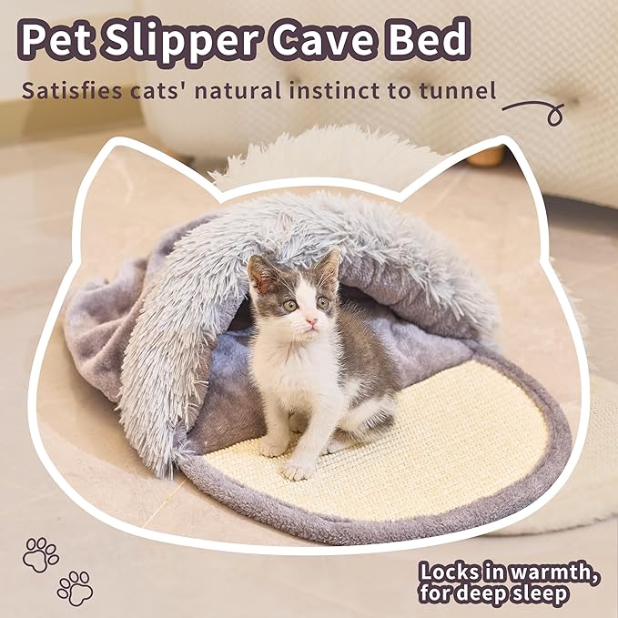 Pet Slipper Cave Bed for Indoor Cats and Small Dogs, Cat Bed with Scratching Board, Anti-Slip & Durable, Washable for Kittens and Small Pets, Beige