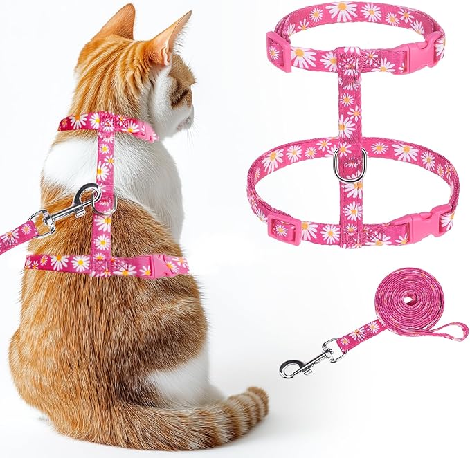 KOOLTAIL Cat Harness and Leash Set, Escape Proof Adjustable Kitten Harness for Walking Travel, Safe & Easy Control Outdoor, Lightweight Soft Pet Harness for Small Medium Large Cats, Daisy Rose