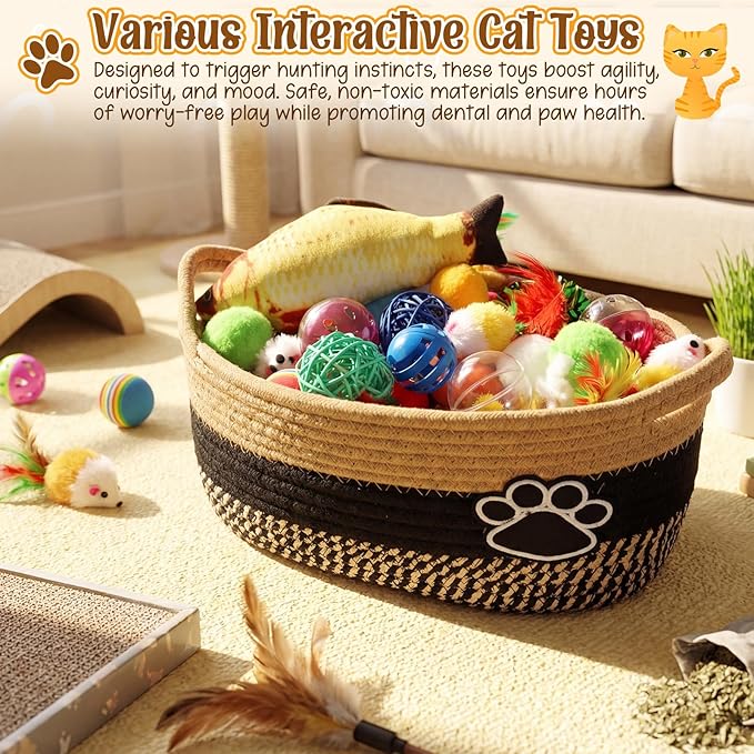 Sosation 70 Pcs Cat Easter Storage Basket Gift Toys Set Colorful Indoor Kitten Toy Assortment Including Mice, Rainbow Balls, Crinkle Balls, Springs Instinct Basket for Cats Interactive Play(Cute)