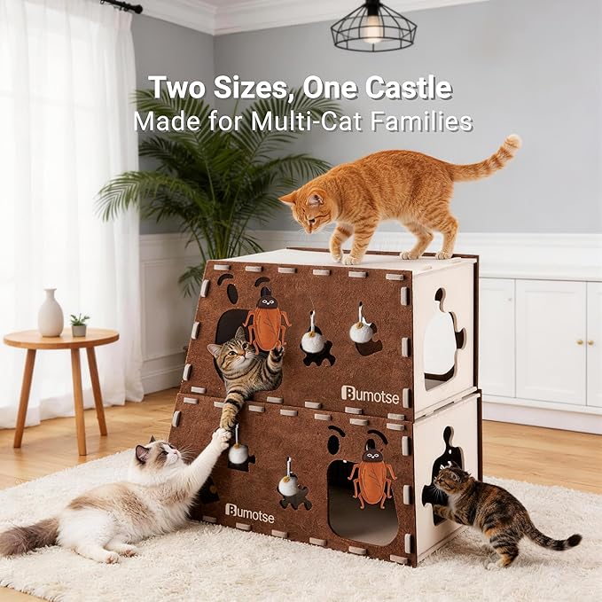 Interactive Felt Cat Tunnel for Indoor Cats with Catnip Toy, Modular Cat Cave House for Scratching, Play, Hiding & Sleeping, Durable Washable Cat Condo for Large Cats Up to 22LB,Coffee