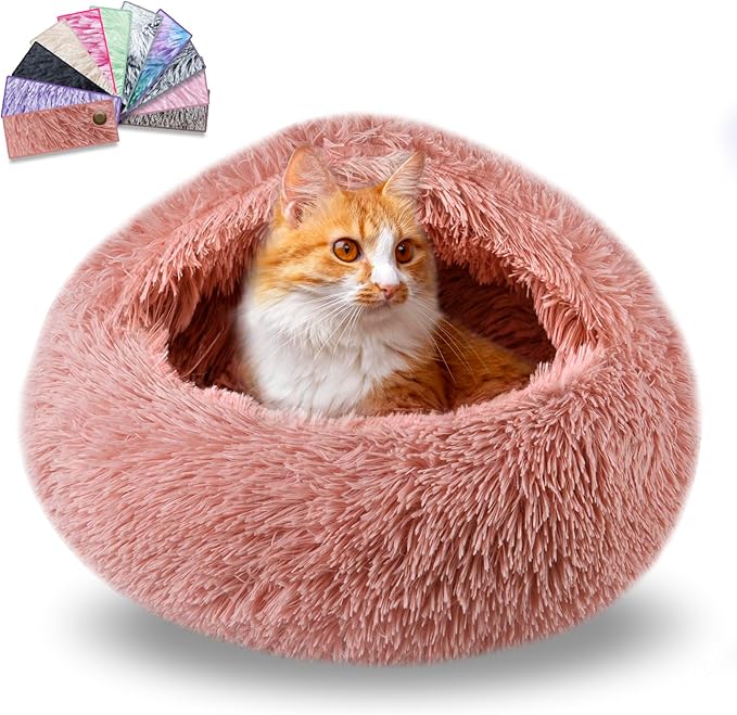 FORMYCATIE Cat Beds for Indoor Cats,Cat Cave for Puppy and Kitty,Calming Small Dog Bed for Small Dogs with Cover Cave,Cozy Warming Fluffy Washable Anti-Slip Pet Sleeping Bag(20 * 20inch,Leather Pink)