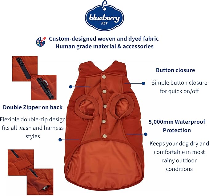 Blueberry Pet Rusty Orange Dog Jacket, Cozy & Comfy Waterproof Coat for Medium Dogs, Quilted Winter Wear, 15 3/4" Back Length, Coats for Small to Large Breeds, Award-Winning Design