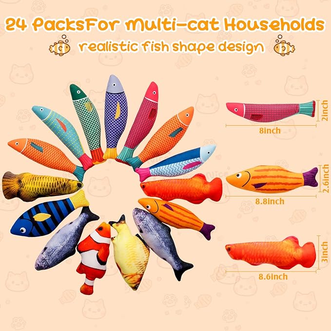 Leitee 24 Pcs Simulation Fish Shape Realistic Fluffy Dog Toys, Multi Color and Styles, Interactive Soft Chew Kicker Toys for Indoor Cats & Kittens