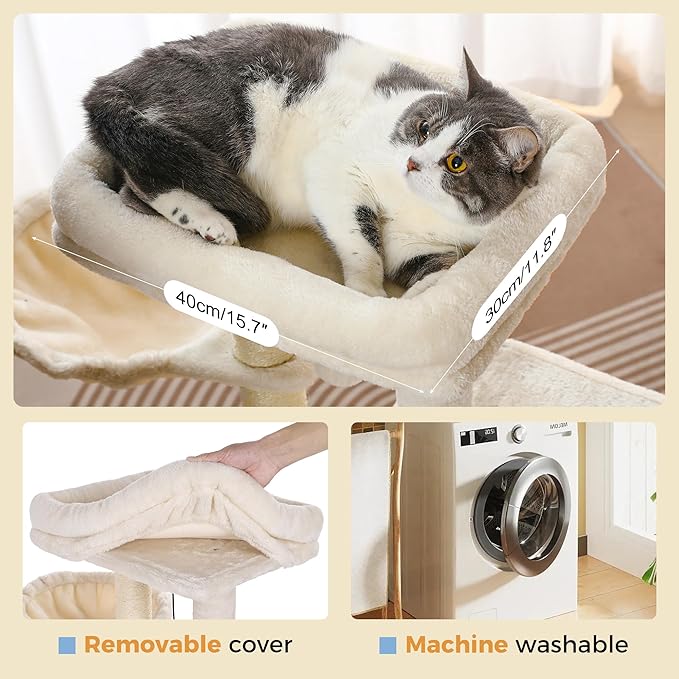 Small Cat Tree Beige Cat Tower with 32 Inches Scratching Post with Cats Condo House, Cozy Hammock and Removable Top Bed and Dangling Ball for Indoor Cats-34” Beige