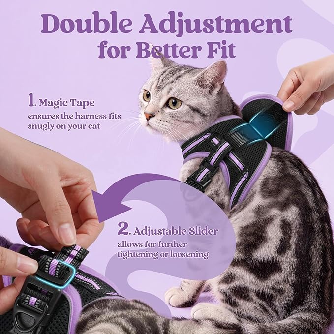 rabbitgoo Cat Harness and Leash Set for Walking Escape Proof, Adjustable Soft Kittens Vest with Reflective Strip for Cats, Comfortable Outdoor Vest, Black & Light Purple, S