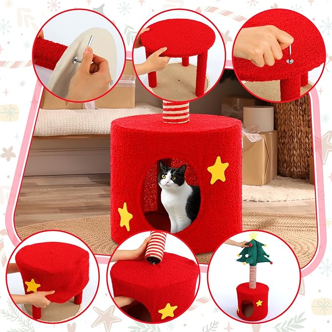 Christmas Cat Tree Tower with Sisal Scratching Post Scratcher and Gift Box Christmas Cat House Condo Bed 33 Inch for Indoor Kittens to Play and Sleep Xmas Holiday Decoration
