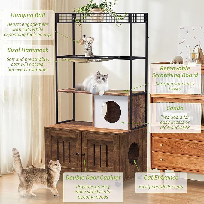 GarveeHome Cat Tree with Litter Box Enclosure, Large Wood Cats Cabinet with Storage Shelf, Condo, Hammock and Play Ball, All-in-one Corner Dog Proof Cat Bed Furniture