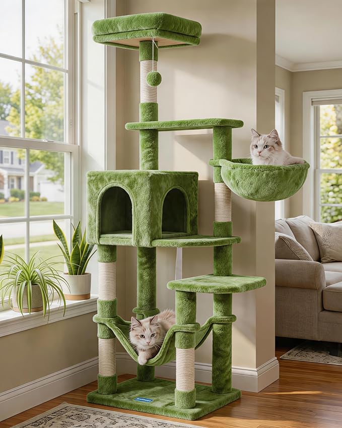 Hey-brother Cat Tree with Large Hammock, Multi-Level Cat Tower for Indoor Cats, Cat Condo with Sisal-Covered Scratching Posts and Top Perch, Green MPJ050GR