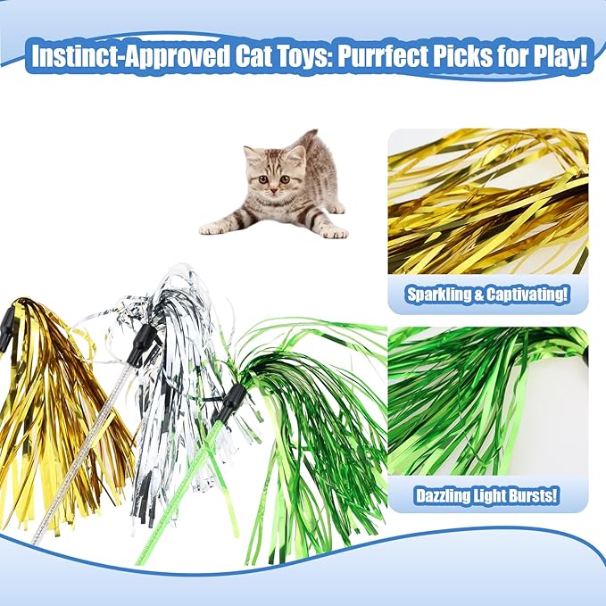 ADUCK 5 Pack Cat Wand Toy for Indoor Cats, 22-Inch Interactive Tassel Teaser Kitten Toy for Exercise and Play, Durable PE Wand Chaser Without Loose Parts (Gold, Pink, Blue, Silver, Green)