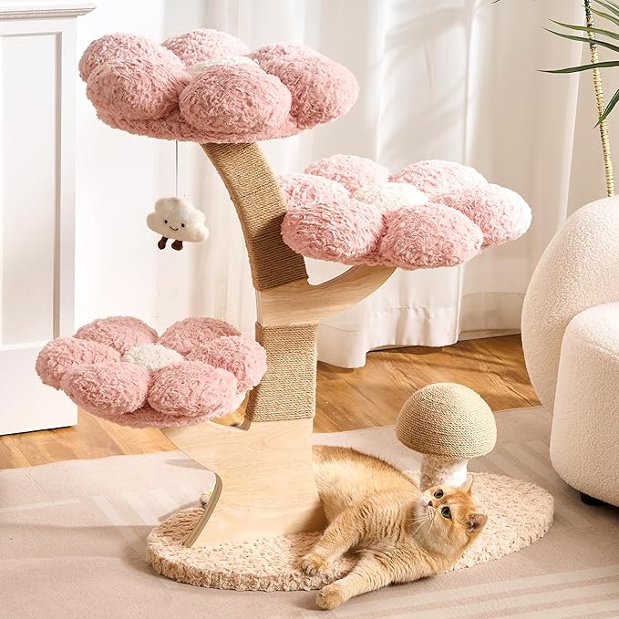 Aesthetic Flower Cat Tree Tower with Scratching Post for Indoor Cats, 37" H Modern Cat Tree with Wood Sculpted Branch, Flower Cat Beds, Mushroom Scratcher & Interactive Squeaky Toy, Pink