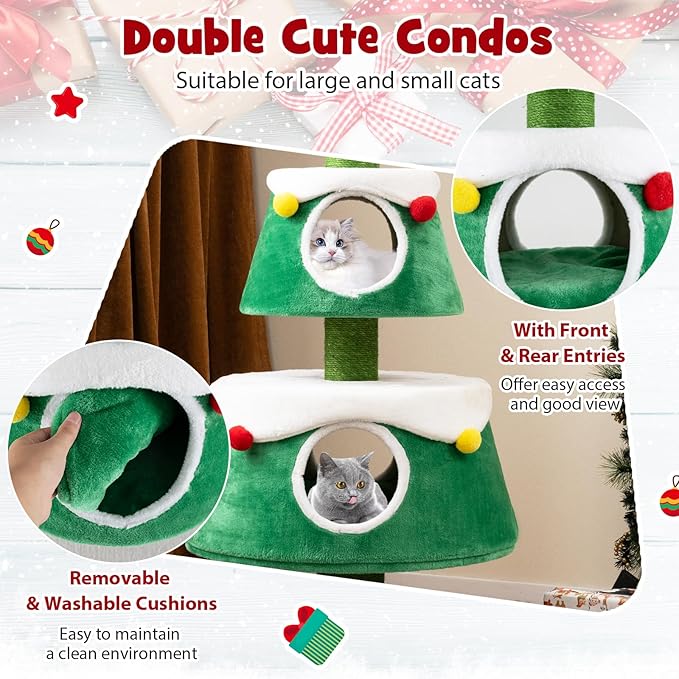 Dreamade 60" Christmas Cat Tower with 2-Level Cat Condos, Premium Scratching Posts,Star Design, Play Center for Kittens, Festive Cat Hideaway Furniture, Green