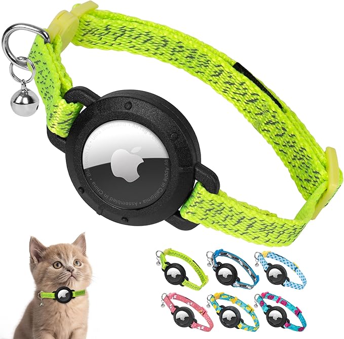 azuza AirTag Cat Collar with Reflective Fluorescent Green, Breakaway Safety Collar with Lightweight Design, Apple AirTag Holder and Bells, Adjustable for Cats and Kittens(7-9")