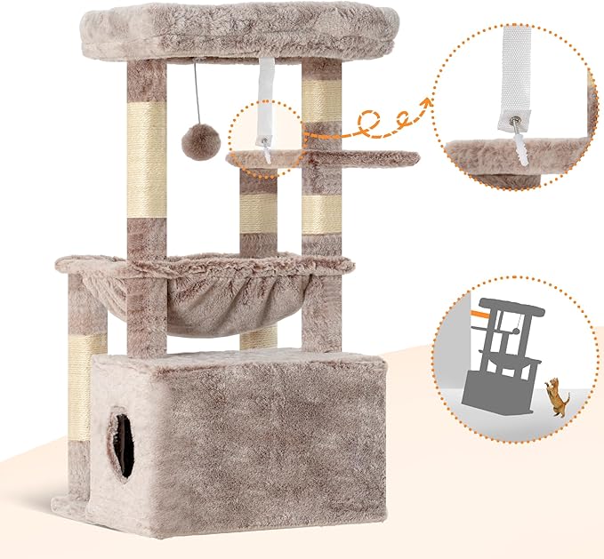 Heybly Cat Tree, Kitten Tower with Large Soft Cat Basket,Cat Condo with Spacious Cat Bed Cave with Hidden Space，Sisal-Covered Scratching Posts,Dangling Ball for Indoor Cats, Muchroom HCT008SMU