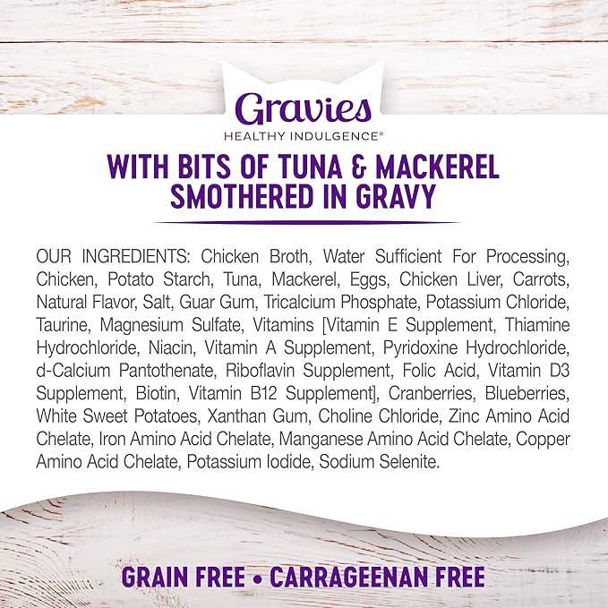 Wellness Healthy Indulgence Gravies Adult Wet Cat Food, Natural, Protein Rich, Grain Free, Tuna and Mackerel Recipe, 3 oz, Pack of 24 Pouches