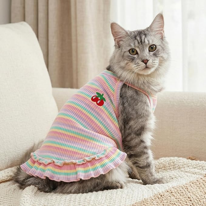 Jmkcoz Cute Striped Dog T Shirts Cherry Puppy Dress Soft Cotton Pet Sleeveless Vest Clothes Spring Summer Pet Outfits for Small Dogs Cats Girl (Pink, XX-Large)