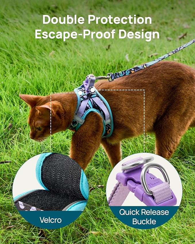 PetThem Upgraded Cat Harness and Leash Set - Step-in Escape Proof Adjustable Cat Harness, Comfortable Soft Lightweight, Reflective Harness for Walking, Travel, Camping (Butterfly Magic, L)