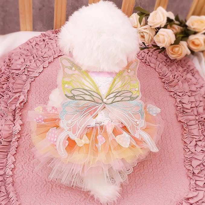 Pet Butterfly Dress,Pink Lolita Dress for Small Dogs Pet Princess Butterfly Wing Lace Tutu Skirt Cat Puppy Kitten for Summer Outfits Spring Gifts