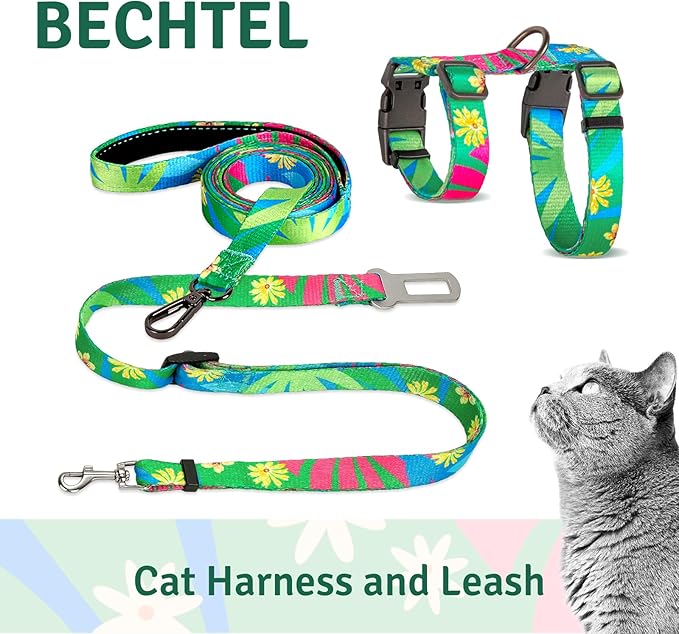 Cat Harness and Leash Set, Anti Escape Adjustable Cat Leash, Comfortable Soft Lightweight, Use Safe & Easy, Suitable for Small, Walking Kitten Harness for Large Medium Small Cats, Hawaii Green