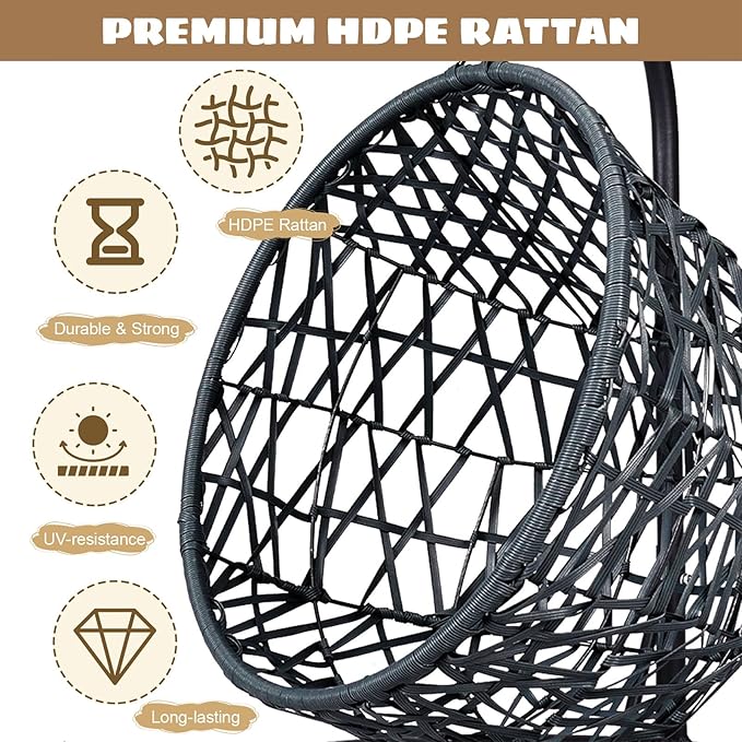 Hanging Cat Swing Bed with Stand & Cushion – Rattan Wicker Egg Chair for Cats, Small Dogs & Pets, Indoor Swinging Bed, Cozy Resting Spot, Modern Design (Gray)