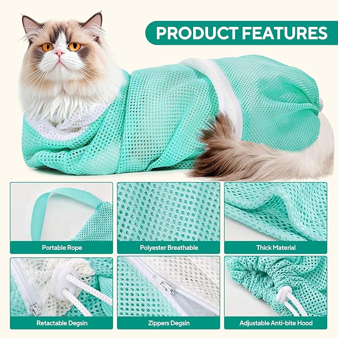 Cat Bag for Bath Adjustable Breathable Mesh Pet Restraint Bag for Bath Nail Trim Medicine and Vet Visits Escape Proof Wash Bag Green