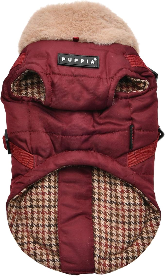 Puppia Donavan Winter Dog Coat with Integrated Harness No Pull Cold Weather Waterproof Warm Fleece Back Zipper for Small & Medium Dog, Wine, Medium