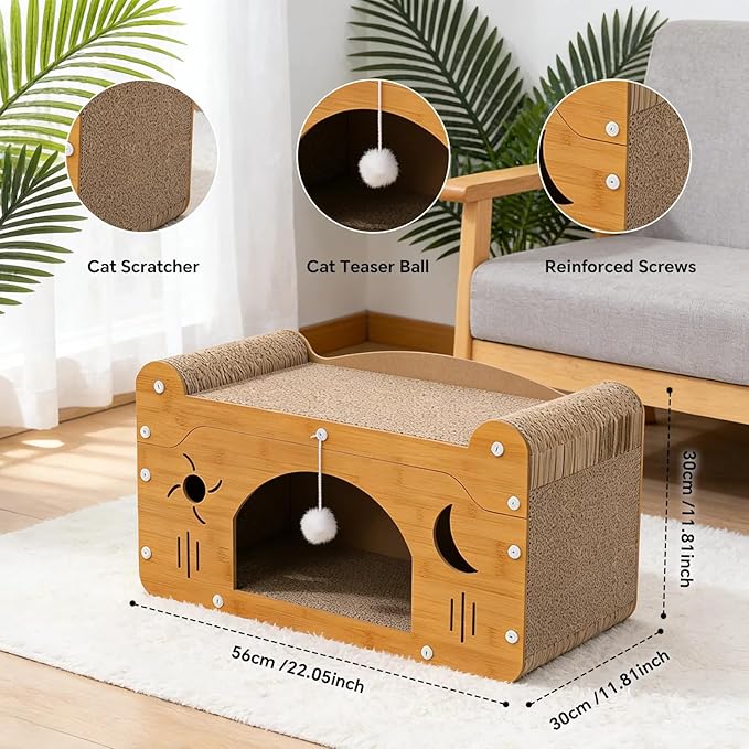 Wooden Cat Scratching House: 3-in-1 Cave, Bed, and Toy Hideaway - – Durable Indoor Hideaway Furniture for Cats & Kittens