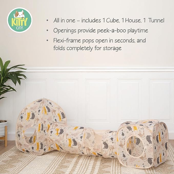 Kitty City Light Pink Cat-Themed Cat Play Furniture Set, Collapsible Pop-Up Cat Toys Combo with Cube, Tunnel & House, Indoor Cat Playground for Play, Hiding & Lounging