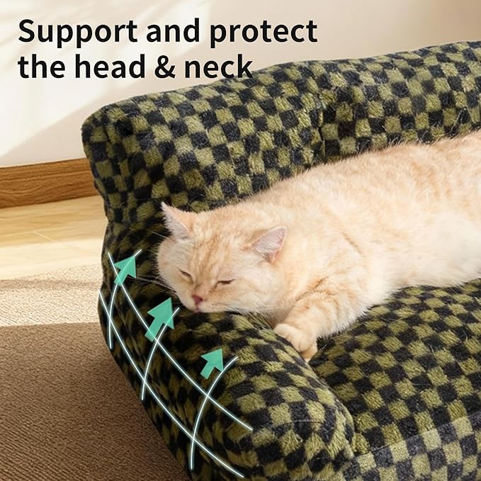 Faux Fur Cat & Dog Sofa Cat Couch Mini Cat Bed Indoor Human Style Pet Sofa, Modern Pet Furniture for Cats, Washable ＆ Removable Cover, for Cats and Small Medium Dogs (Black/Green, X-Large(36X27 inch))
