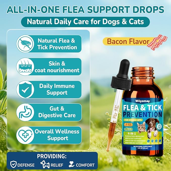 Woyamay Natural Flea & Tick Prevention Bundle for Cats & Dogs, 200 Chews + Drops 4-in-1 Herbal Drops, Supports Skin, Coat, Digestion & Immunity, Gentle Daily Flea Treatment for Multi-Pet Homes