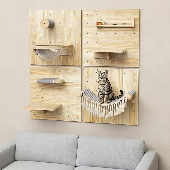 Ardilla & Co. Cat Wall Furniture – Wall-Mounted Modular Wooden Boards with 7 Moveable Accessories, Cat Wall Shelves, Hammock, Climber Steps, Perches, Walkways, Toy & Acrylic Bowl!
