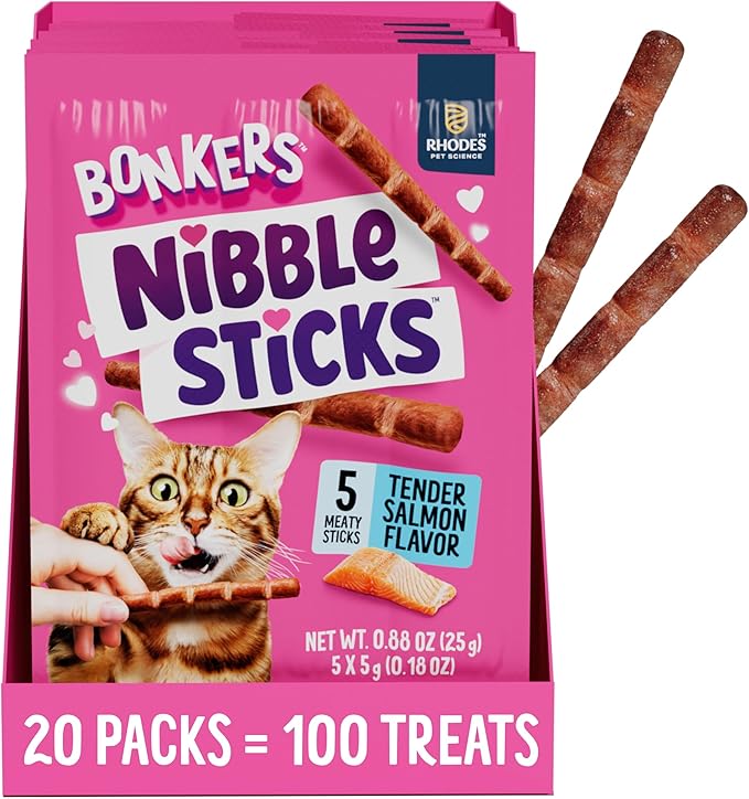 Bonkers Nibble Sticks Soft & Meaty Tender Salmon Flavor Cat Treats, 5 Sticks (Pack of 20)
