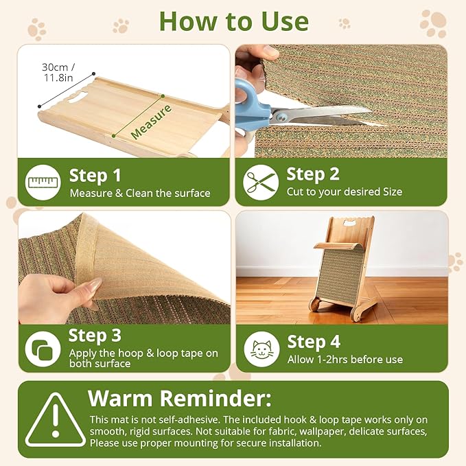 Natural Cork Cat Scratcher Mat with NO Preapplied Adhensive, Bonus Hook-Loop Tape Included. Replacement for Cat Post, Scratcher, Ramp, Cat Whell and Pet Supplies. (Catnip Green, 39.4 x 11.8 Inch)
